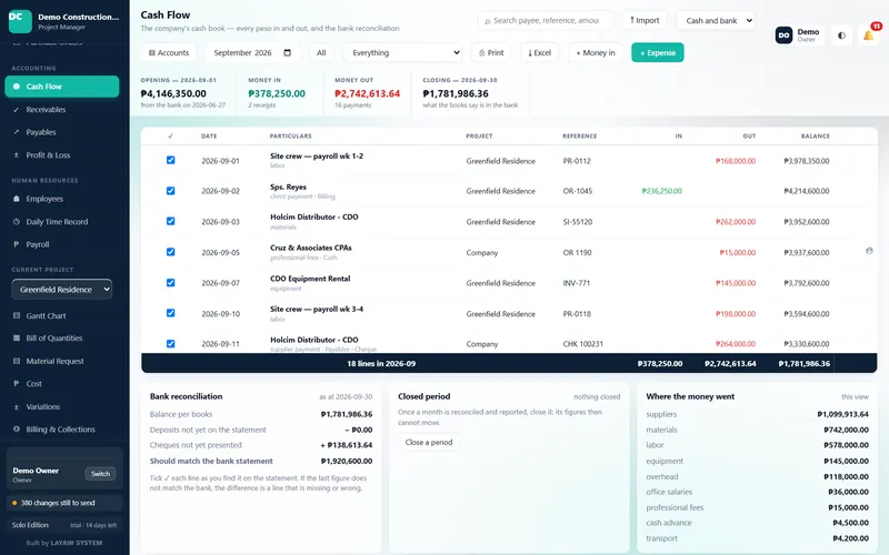The cash book: every payment in and out with a running balance, by account.